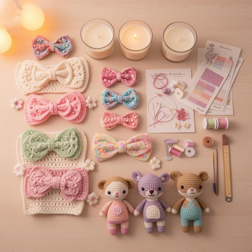 Peças artesanais coloridas organizadas em flat lay